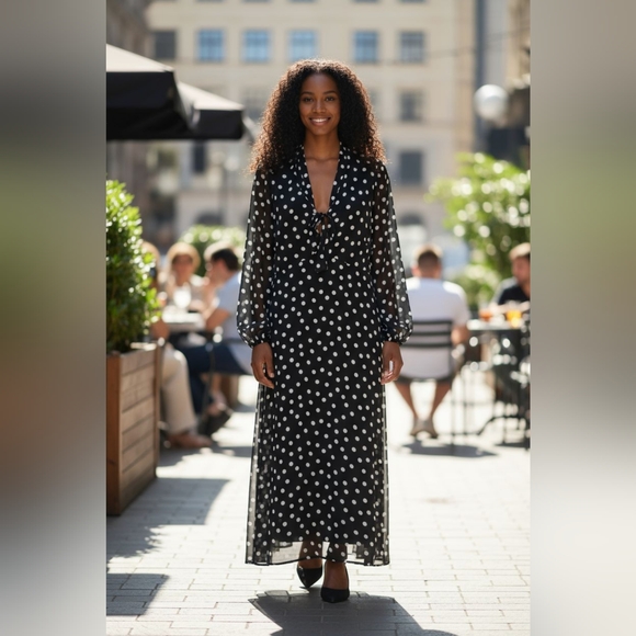 Chic Black and White Polka Dot Long Sleeve Maxi Dress - Picture 1 of 6
